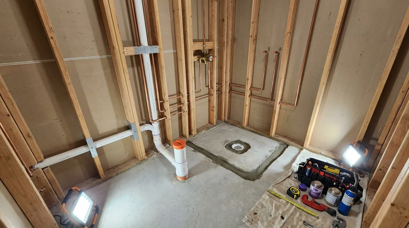 Bathroom rough-in plumbing during remodel by Johns Plumbing LLC in Coaldale