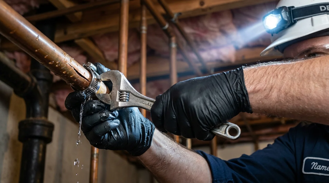 Emergency pipe clamp repair being performed by a Johns Plumbing LLC plumber in Coaldale