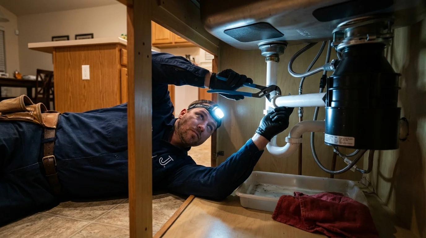 P-trap and supply line connections under a kitchen sink showing a common leak point in Coaldale, PA